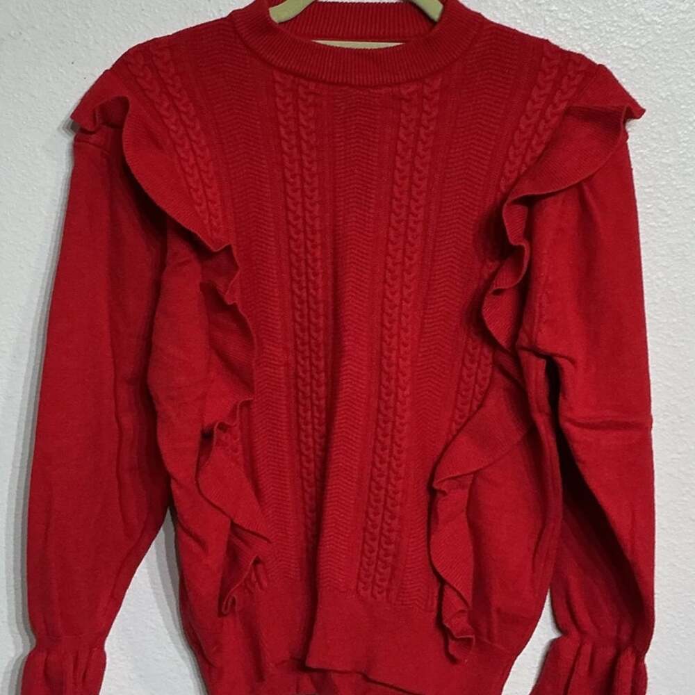Red Ruffle Sweater Sz M - Picture 3 of 10